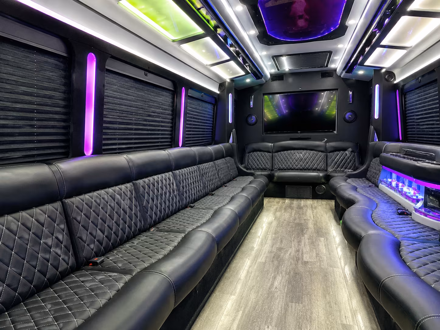 Interior of a party bus rental serving Fayetteville